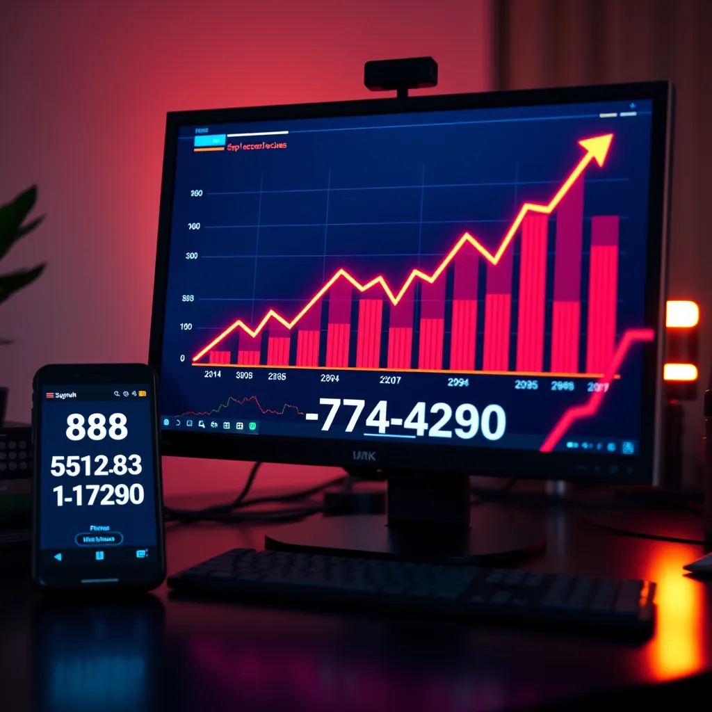  A business growth chart on a computer screen, a phone nearby with the number 508-731-4290 displayed, and vibrant graphical elements representing digital success and upward trends.