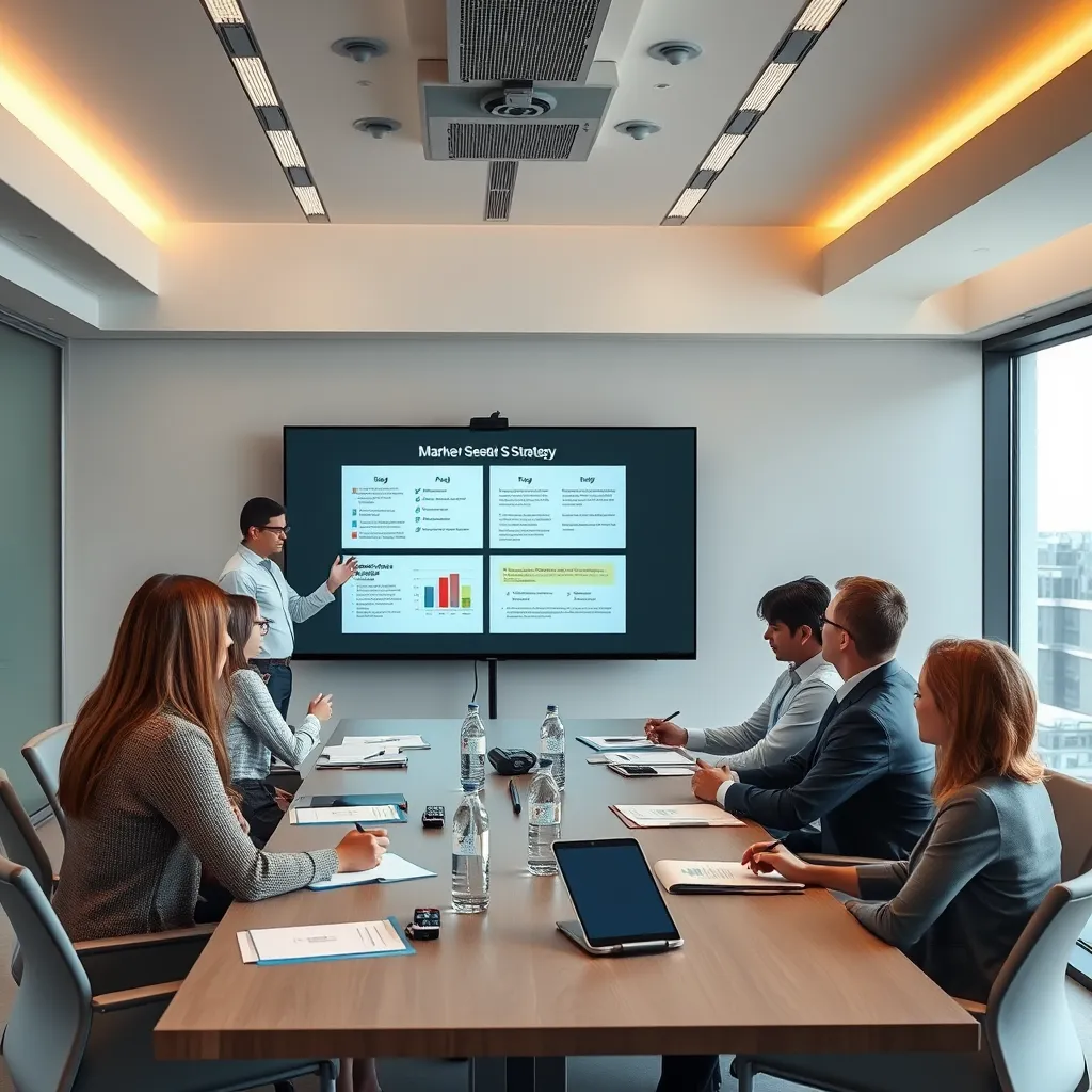 A business meeting scene in a modern conference room, with marketing experts presenting customized strategy plans on a smart board, and various business representatives taking notes and discussing.