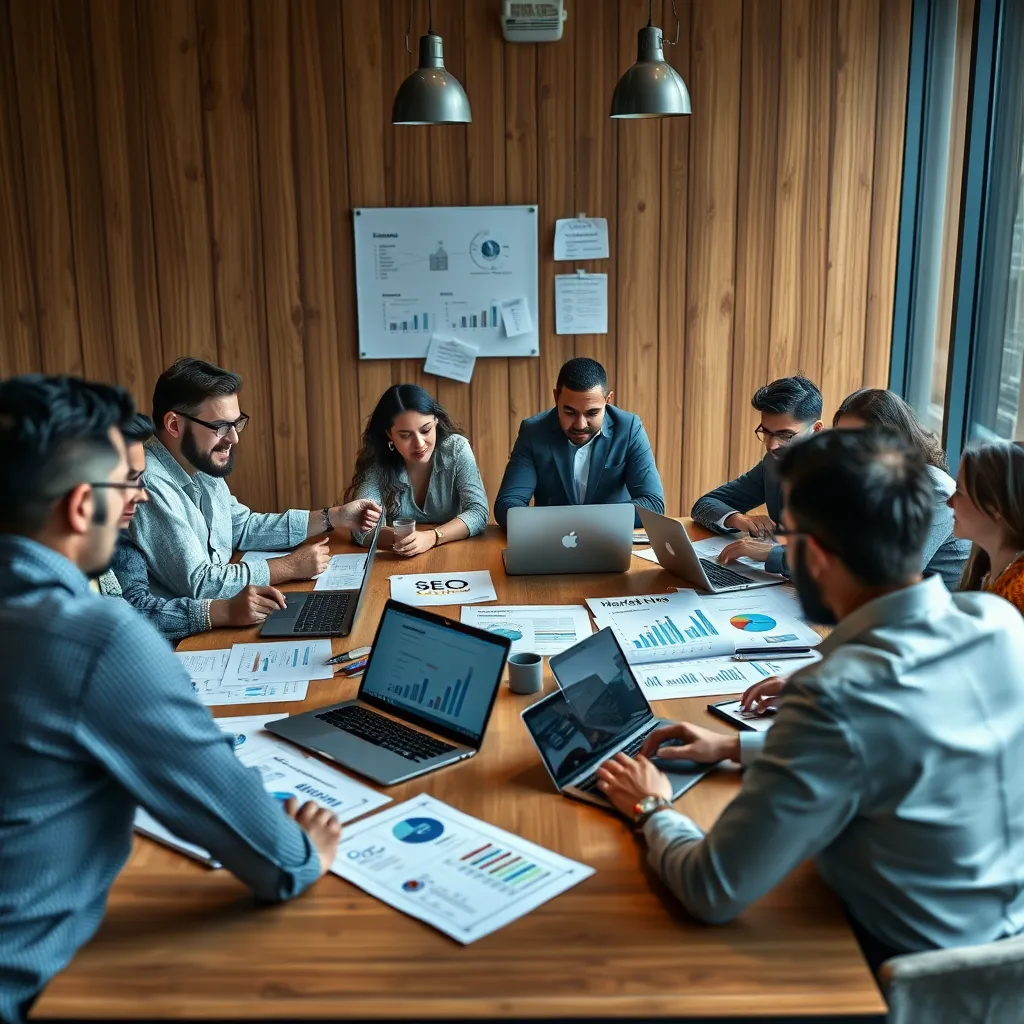  A collaboration table with diverse team members discussing ideas, papers with marketing plans, laptops showing websites, and SEO charts, with a client on a call in the foreground.