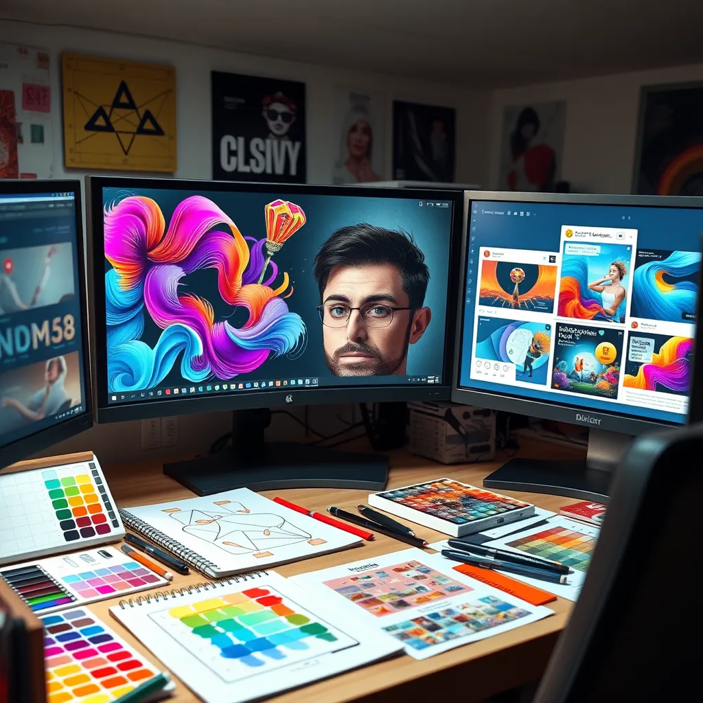 A creative workspace filled with tools of a graphic designer: a computer screen displaying vibrant digital artwork, sketch pads, color palettes, and engaging social media post designs. Highlight the designer's focused expression and colorful, eye-catching designs on multiple monitors.