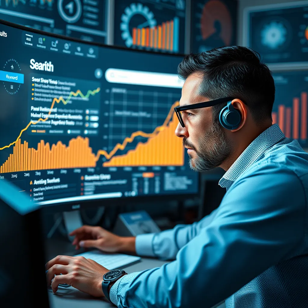 A digital marketing specialist closely analyzing search engine results on a large computer screen. The screen displays a rising graph and keywords ranking higher in search results. Background elements include SEO tools, charts, and data analytics icons, giving a professional feel.