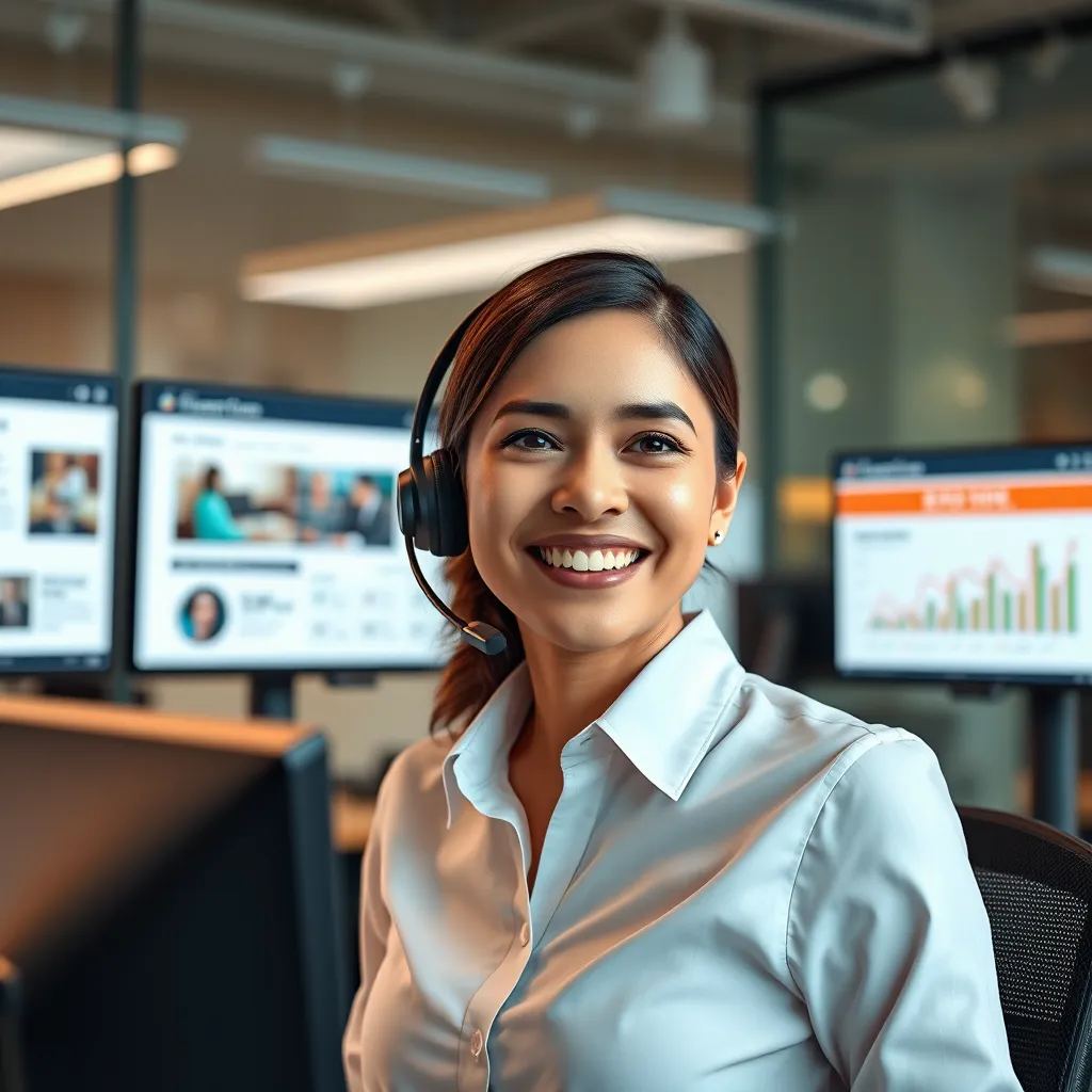  A friendly customer service representative in a professional office setting, with a headset on, taking a call, surrounded by screens showing website designs and SEO analytics.