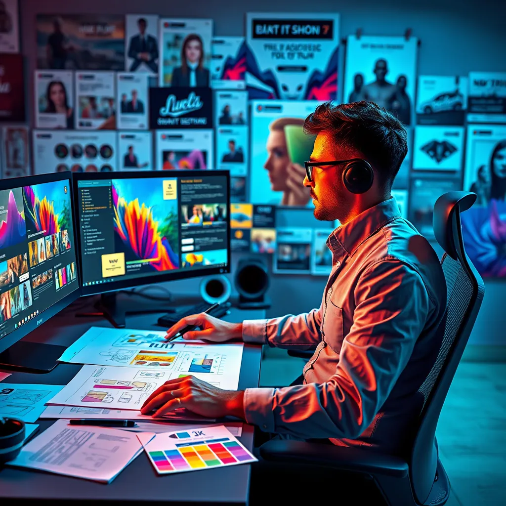  A graphic designer sitting at a sleek workstation with multiple monitors, creating vibrant and compelling digital art. Surrounding the designer are sketches and color palettes, with a backdrop of social media posts and website banners.