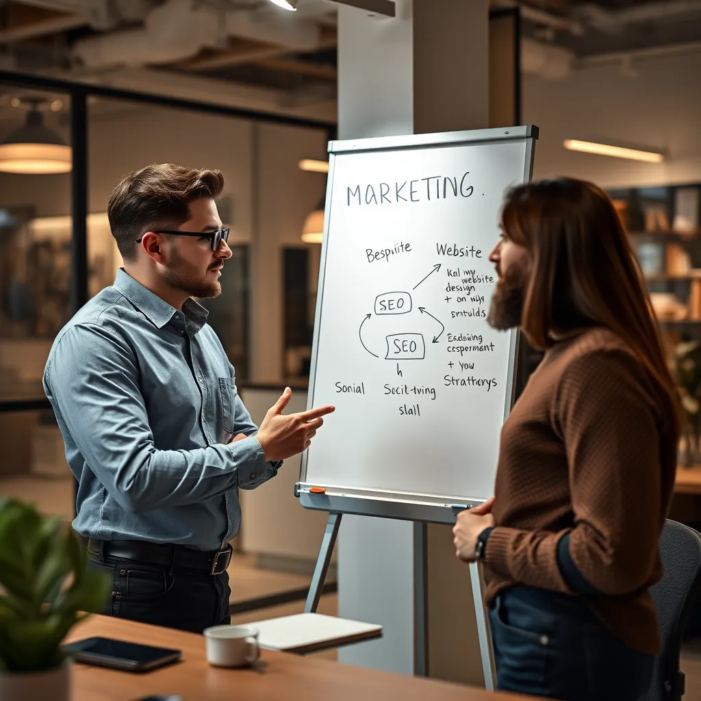  A marketing strategist meeting with a small business owner in a modern office, discussing bespoke plans on a whiteboard. The whiteboard displays a flowchart with arrows pointing to website design, SEO, and social media strategies.