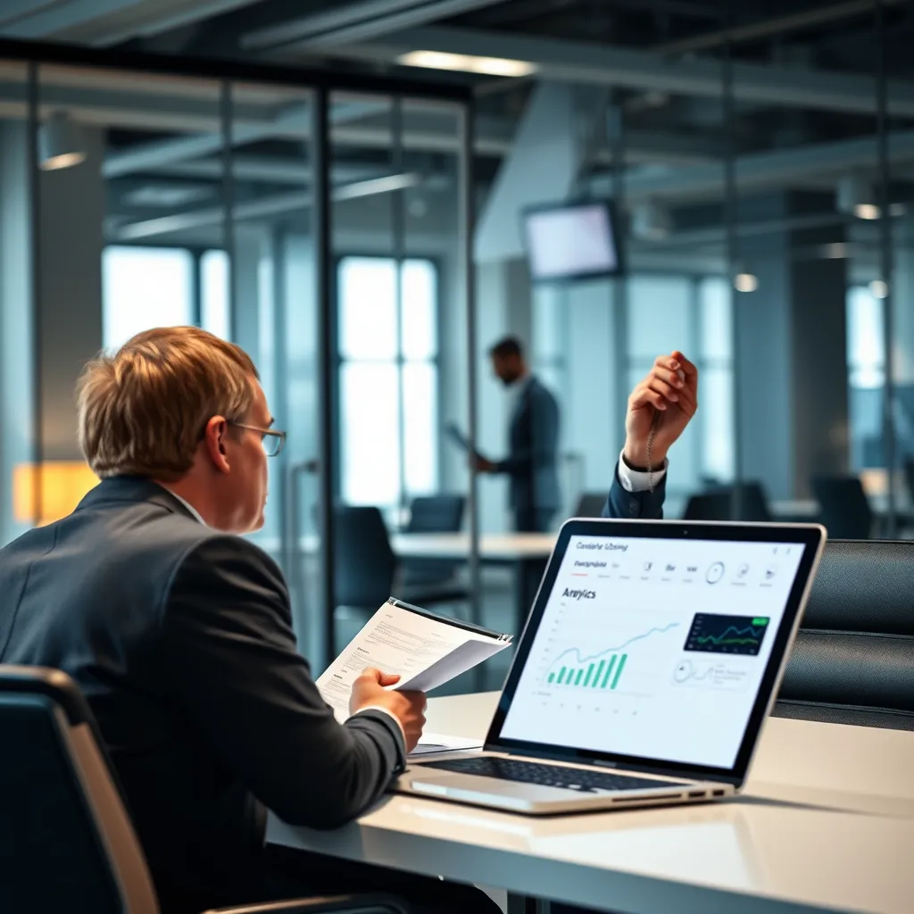 A professional business consultant in a modern office, speaking with a client over the phone. The consultant has a note pad and a laptop open, displaying analytics.