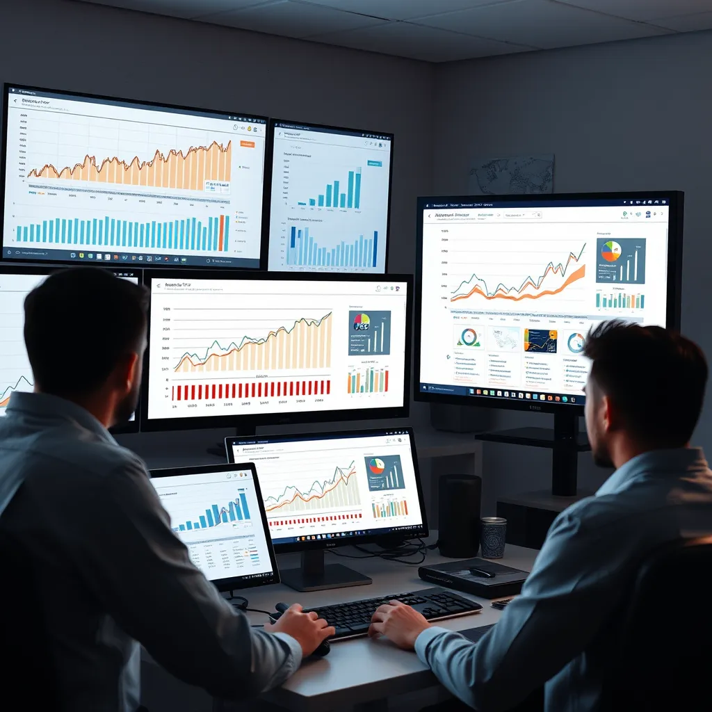  A professional digital marketing team analyzing graphs and charts on multiple computer screens, showing rising web traffic and search engine rankings. A well-designed website is visible on one screen, highlighting a user-friendly layout.