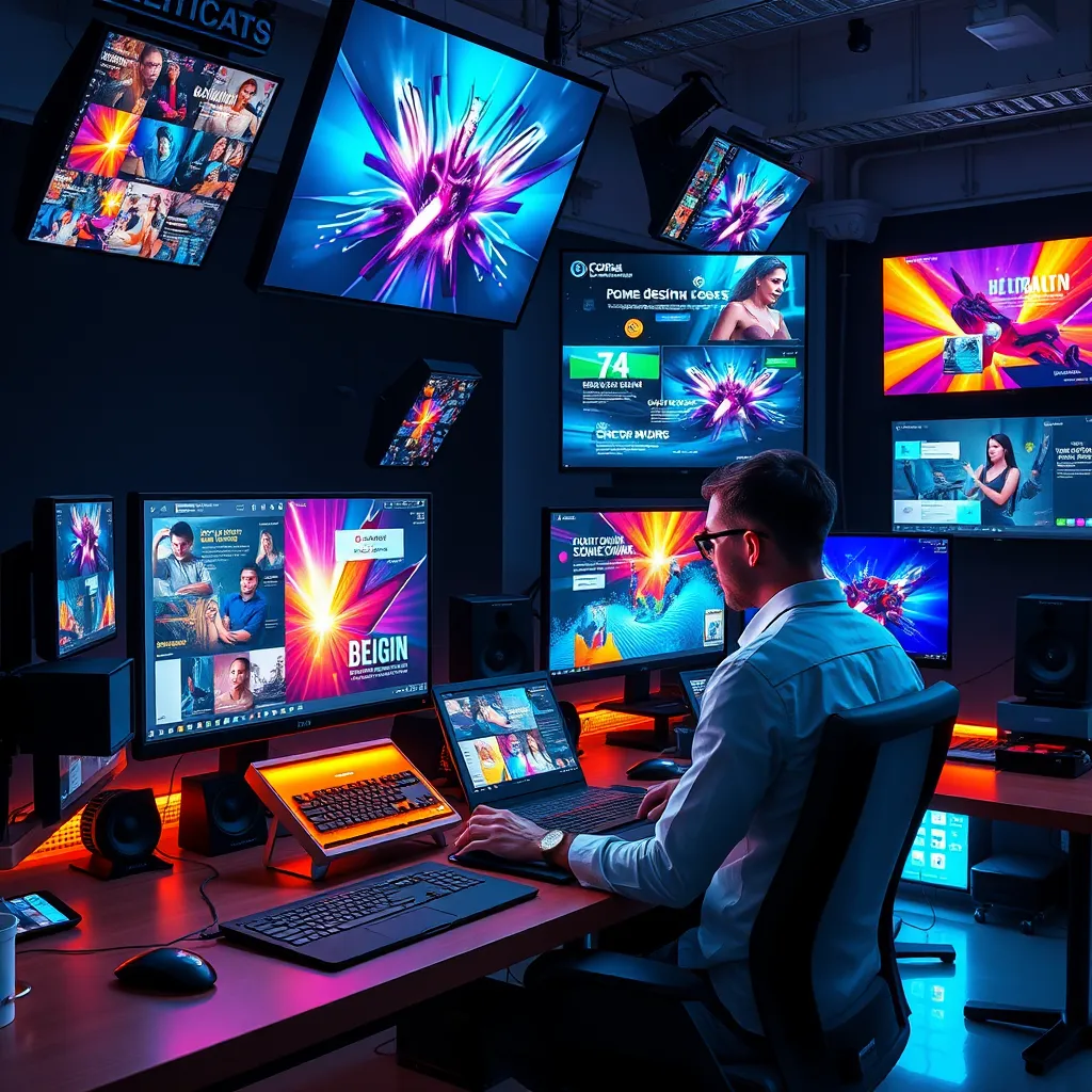 A visually striking image of a design studio workspace with a digital artist at work. The screens display vibrant graphic designs, including advertisements and social media posts, with dynamic elements and brand logos highlighted.